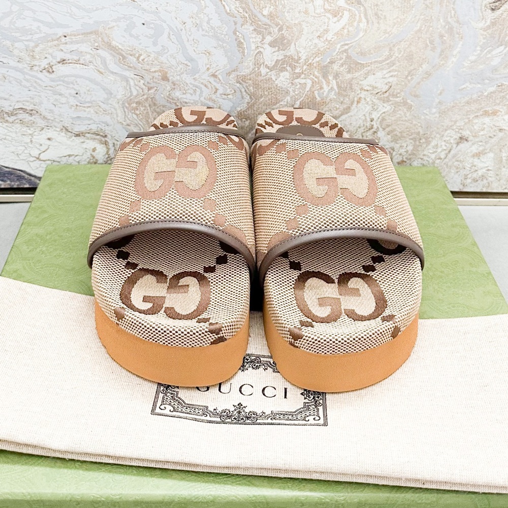 New! Gucci Monogram Jumbo GG Angelina Platform 55mm Slide Sandals - Picture 6 of 9